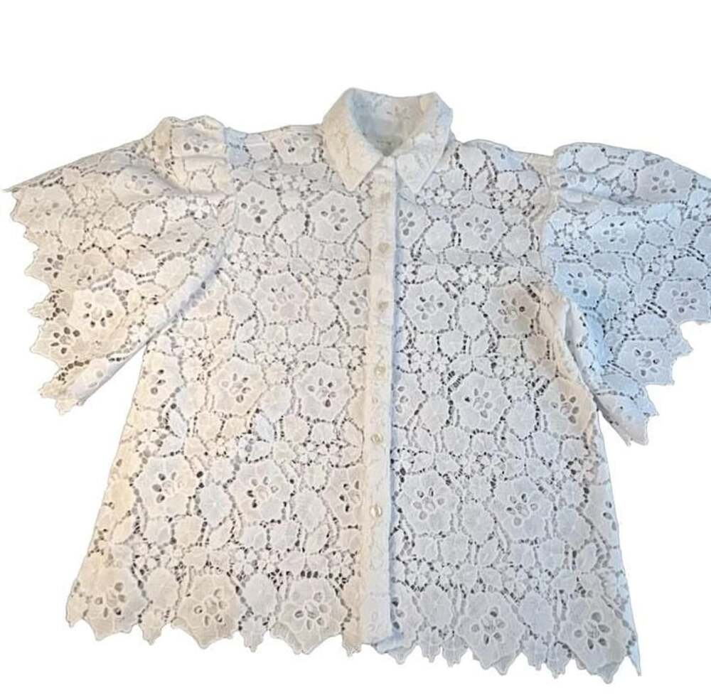 Coquette Maeve By Anthropologie White Lace Button Down Blouse Size Small